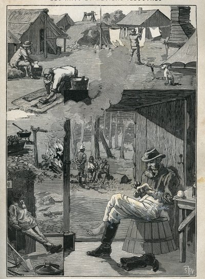 Buscadores de oro en Australia: escena de la vida diaria de los mineros durante sus días de descanso (limpieza y secado de ropa, calcetines, etc.). Grabado de 1885 en “Les arts et metiers illustres” de Adolphe Bitard. de Unknown artist