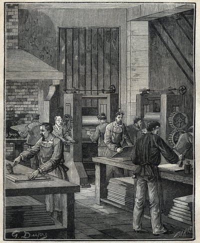Orfebrería: preparación de la placa, preparación del metal para la ejecución de una platería especial. Grabado de 1885 en “Les arts et metiers illustres” de Adolphe Bitard. de Unknown artist