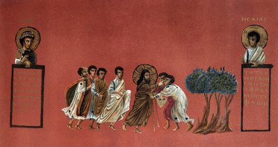 Evangelio de San Mateo - Milagro de Jesús curando a los dos ciegos de Jericó, Grabado siglo XIX según un manuscrito griego de Unknown artist