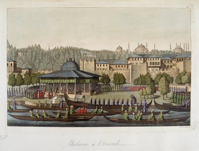Gobierno de los otomanos: audiencia con el almirante - en "El traje antiguo y moderno" de Ferrario, ed. Milán de Unknown artist