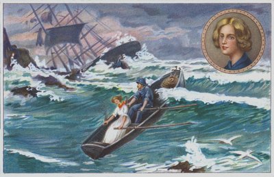 Grace Darling rema con su padre para rescatar a los supervivientes del barco naufragado, el "Forfarshire" en 1838. (cromolito) de Unknown artist