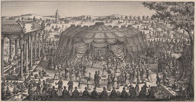 Gran Banquete dado por Tamerlán (1336-1405) en la llanura de Khani Gheul para celebrar el matrimonio de sus nietos - Grabado del siglo XIX de Unknown artist