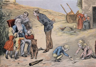 Abuelo explicando el catecismo a los niños. En "Gran álbum en color para la explicación del catecismo" por Abbé Maucherde de Unknown artist