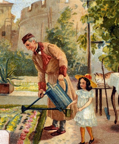 Abuelo jardineando con su nieta cromolitografía de finales del siglo XIX de Unknown artist