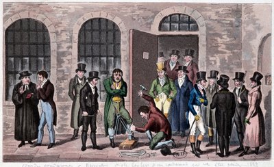 Gran Bretaña Prisión: Una sentencia de muerte está adjunta a la prisión de Newgate en Londres (a menudo mencionada en las novelas de Charles Dickens). Grabado alrededor de 1823. Biblioteca de Artes Decorativas de Unknown artist