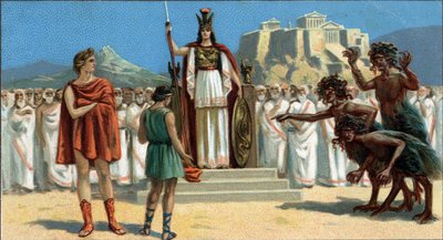 Grandes tragedias griegas: “La Orestíada” de Esquilo. Orestes apareció ante el Areópago o Tribunal Supremo de Atenas, presidido por la diosa Palas Atenea o Minerva, asistida por Apolo. A la derecha están las Erinias (las tres furias). de Unknown artist