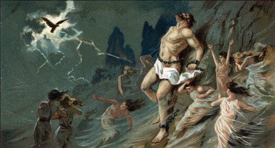 Grandes tragedias griegas: “Prometeo encadenado” de Esquilo. En el desierto de Escitia, Prometeo está encadenado a una roca por orden de Júpiter por crear a los hombres y traerles el fuego celestial. Allí, un águila le devoraba el hígado, que renacía const de Unknown artist