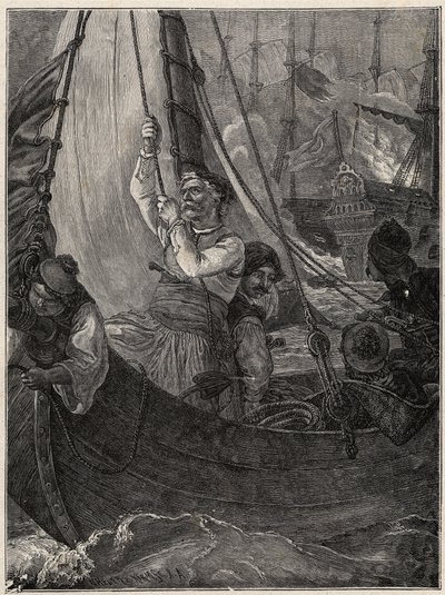Guerra de Independencia Griega 1821 - 1829: Constantino Kanaris (Konstantinos Canaris) quemando el buque insignia de la flota turca frente a Quíos de Unknown artist