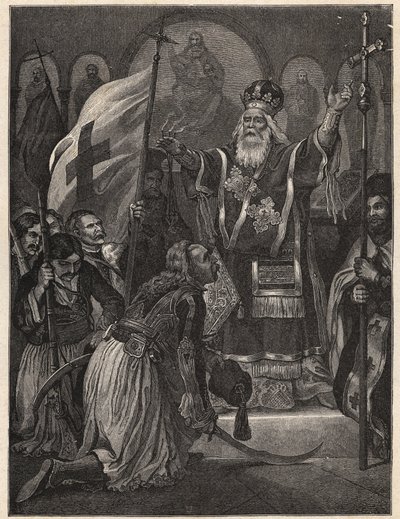 Guerra de Independencia Griega 1821 - 1829: el obispo Germanos III de Patras Viejo (Georgios Gotzias) bendiciendo la bandera de la lucha por la libertad, monasterio de Agia Lavra, 21 de marzo de 1821 - grabado después de la pintura de Unknown artist