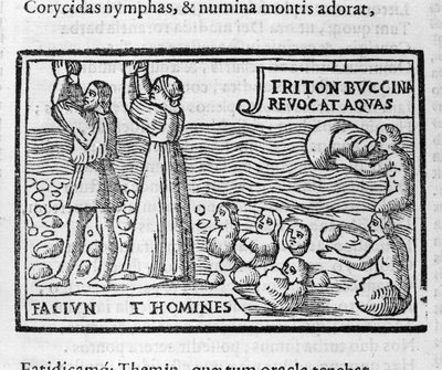 Mitología griega: Deucalión y Pirra lanzando piedras que dan nacimiento a seres humanos después del diluvio para poblar la Tierra. Xilografía del siglo XVI de Unknown artist