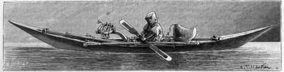 Exposición de Groenlandia en la Sociedad de Geografía, París: Modelo de un kayak hecho por esquimales. Grabado en 