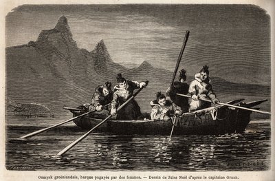 Umyak de Groenlandia, tipo de barco operado por mujeres. Grabado para ilustrar el viaje al mar libre del polo Ártico, por el Doctor Hayes, cirujano de la Marina de los Estados Unidos, en 1860-1862, publicado en “Le tour du monde, nouveau journal des voyage de Unknown artist