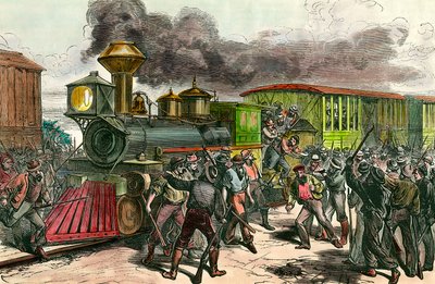 Huelga en la línea ferroviaria que conecta Baltimore, Ohio. Trabajadores persiguen a conductores e ingenieros de un tren que se dirige a Baltimore. Grabado del siglo XIX. Colección privada de Unknown artist