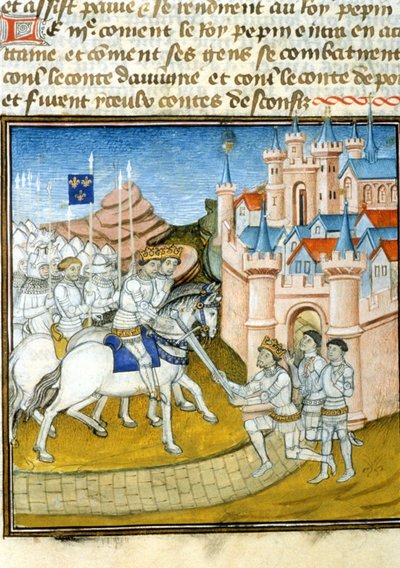 Grifón (ca. 726-753) fue a sus hermanos Pepino III conocido como Pepino el Breve (714-768) y Carlomán (ca. 715-754) después del sitio de Laon en 741. Miniatura en 