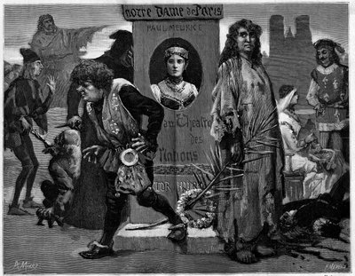 Gringoire, Quasimodo, La Esmeralda, La Sachette y Phoebus. Personajes principales en la obra de teatro 