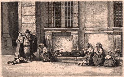 Grupo de campesinos napolitanos sentados frente al palacio Farnese en Roma, Italia de Unknown