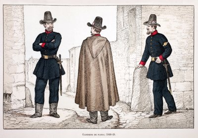 Guardianes de la Paz (1848-1849). Aguafuerte en colores, para ilustración “Historia del cuerpo de los guardianes de la paz” libro publicado bajo los auspicios de Louis Lepine (1846-1933) prefecto de policía de la Sena, por Alfred Rey y Louis Feron de Unknown artist