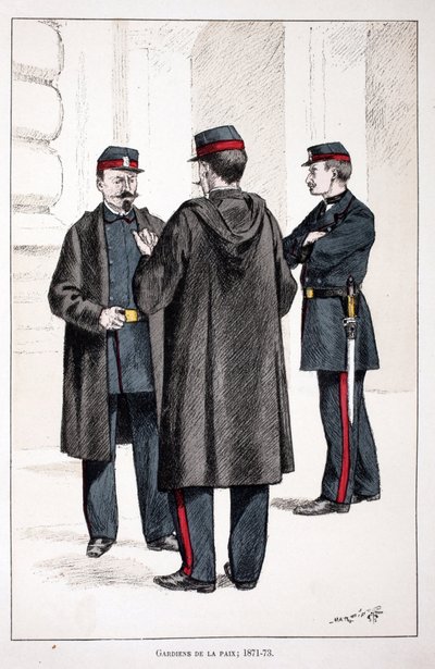 Guardianes de la Paz (1871-1873). Aguafuerte en colores, para ilustrar Histoire du corps des gardiens de la paix, libro publicado bajo los auspicios de Louis Lepine (1846-1933) prefecto de policía del Sena, por Alfred Rey (1864-?) y Louis Feron de Unknown artist