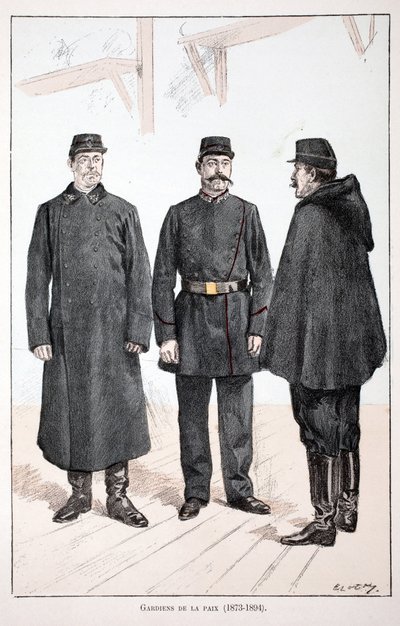 Guardianes de la Paz (1873-1894). Ilustración de “Histoire du corps des gardiens de la paix” libro publicado bajo los auspicios de Louis Lepine (1846-1933), prefecto de policía de la Seine, por Alfred Rey (1864-?) y Louis Feron (1862-?) de Unknown artist