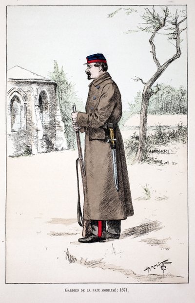 Guardianes de la Paz movilizados (1871). Aguafuerte en colores, para ilustración 