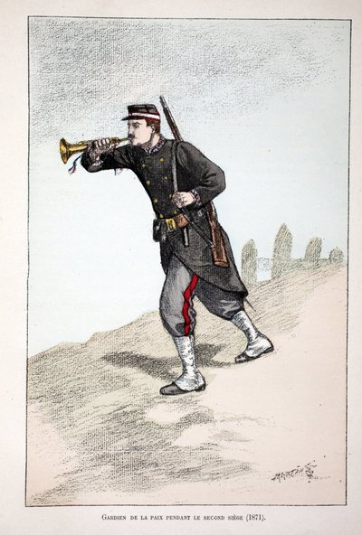 Guardianes de la paz durante el segundo asedio de la Comuna de París (1871). Aguafuerte en colores, para ilustración “Historia del cuerpo de los guardianes de la paz” libro publicado bajo los auspicios de Louis Lepine (1846-1933) prefecto de policía de la  de Unknown artist