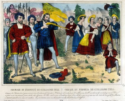 Guillermo Tell (héroe legendario de la independencia suiza). El bárbaro Gesler obliga a Guillermo Tell a quitar con una flecha una manzana colocada en la cabeza de su hijo. Grabado del siglo XIX de Unknown artist