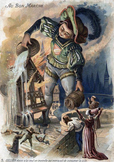 Los viajes de Gulliver de Jonathan Swift. Gulliver solo apagó un incendio que amenazaba con consumir la ciudad en Liliput. Cromolitografía del siglo XIX. (barato). de Unknown artist
