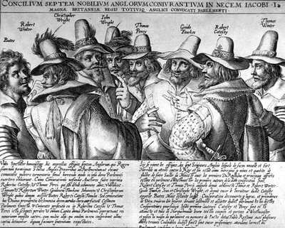 Pólvora: Bates, Robert Winter, Christopher Wright, John Wright, Thomas Percy, Guido Fawkes, Thomas Winter de Unknown artist