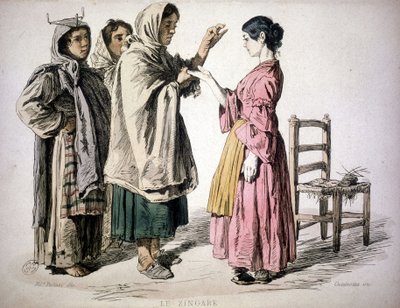 Gitana leyendo la mano - en "Costumbres del Reino de Nápoles", De Bourcard de Unknown artist