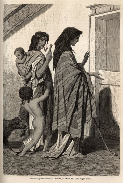 Mujeres y niños gitanos, en harapos o medio desnudos, pidiendo limosna de puerta en puerta en Essek (cuenca del Danubio). Grabado para ilustrar los recuerdos de viaje entre los eslavos del sur, por Georges Perrot, en 1868, publicado en “Le tour du monde” 1 de Unknown artist