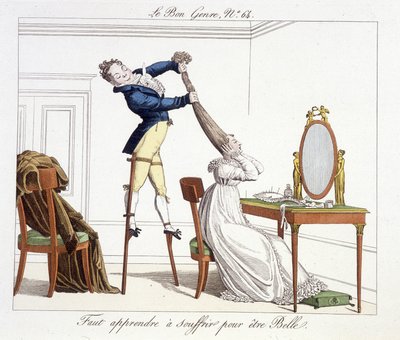 Sesión de peluquería: aprender a sufrir para ser bella - en "Le Bon Genre", principios del siglo XIX de Unknown artist