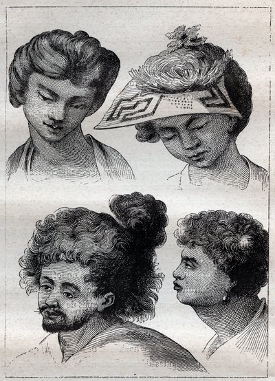 Peinados de los habitantes de Tahití - ilustración tomada de “Los grandes marineros del siglo XVIII” de Unknown artist