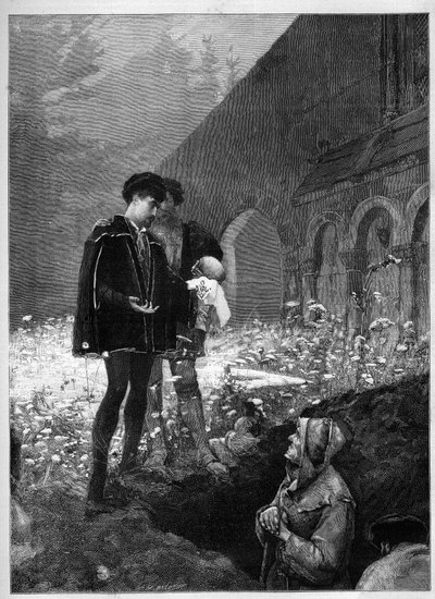Hamlet en el cementerio después de la obra homónima de William Shakespeare (1564-1616). Grabado en “Le Monde Illustré”. de Unknown artist