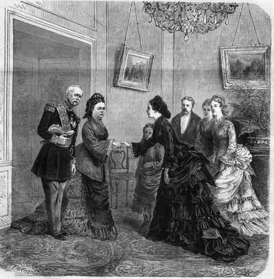 Encuentro entre Elisabeth de Mac Mahon (1834-1900) y la emperatriz austriaca Elisabeth de Wittelsbach (1837-1898) (Sissi) durante la visita del presidente de la República Francesa Patrice de Mac-Mahon (1808-1893) a Austria. 1875. Grabado en "El Universo" de Unknown artist