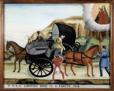Colgado entre dos carruajes y la caída de un pasajero - Pintura sobre vidrio, ex-voto de Notre Dame de Laghet de Unknown artist