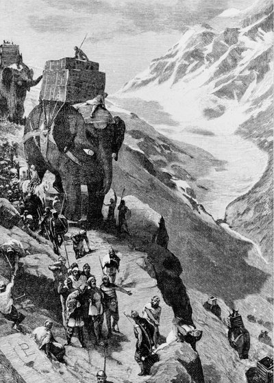 Aníbal cruzando los Alpes con elefantes para llegar a Italia (II Guerra Púnica). Grabado del siglo XIX. de Unknown artist