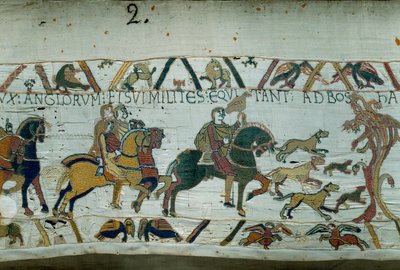 Harold, futuro rey de Inglaterra, fue enviado por el rey Eduardo el Confesor para informar a Guillermo el Conquistador (1027-1087) que sería su sucesor al trono inglés. Va a la costa de la Mancha. Detalle del Tapiz de Bayeux o Bordado de la Reina Matilde de Unknown artist