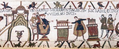 Harold jura un juramento sagrado a Guillermo en Bayeux, Tapiz de Bayeux de Unknown artist