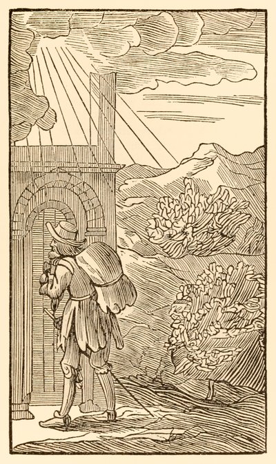 El que quiera entrar primero debe quedarse afuera tocando a la puerta... de El progreso del peregrino de este mundo, al que está por venir de John Bunyan (1628-1688) El peregrino llega a la entrada de Unknown