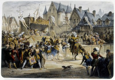 Enrique II (1519 - 1559) herido mortalmente por Montgomery durante el torneo del 29 de junio de 1559, rue St Antoine, frente al Palais des Tournelles - litografía de Unknown artist