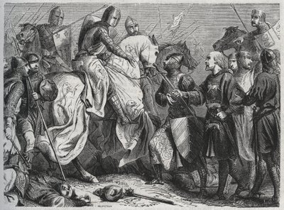 Enrique III (Enrique III Plantagenet de Inglaterra) (1207-1272) es capturado por Simón V de Montfort (ca. 1208-1265) en Lewes en Sussex 1264 - grabado 1864 de Unknown artist