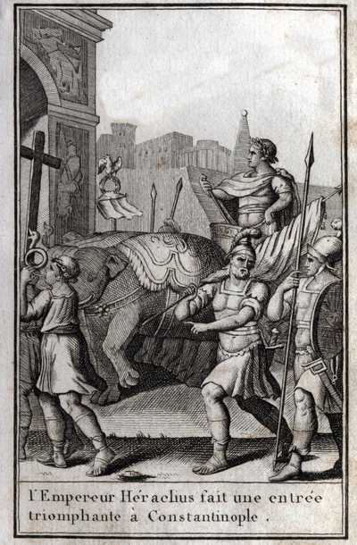 Heraclio I (Flavius Heraclius, Herakleios (circa 575-610/641), emperador bizantino, hizo una entrada triunfal en Constantinopla. Subió a un carro tirado por cuatro elefantes y llevó ante él la Verdadera Cruz (Santa Cruz) que había sido tomada de de Unknown artist