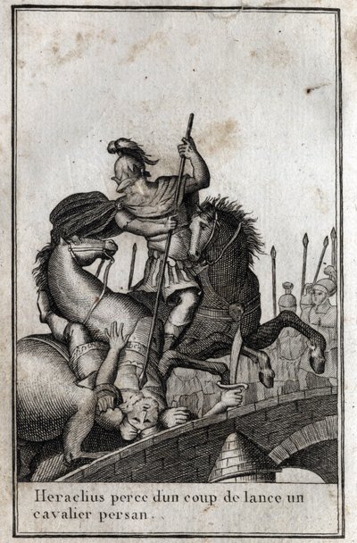 Heraclio I (Flavio Heraclio, Herakleios (circa 575-610/641), emperador bizantino, lanza a un jinete persa (guerra contra los persas), siglo VII. Grabado en 