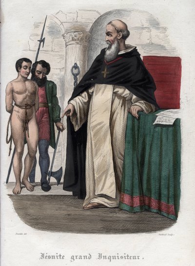 Prisionero hereje y Gran Inquisidor Jesuita en la época del Papa Clemente VIII (1592-1605). Grabado de 1842 en “Histoire des popes” de Maurice Lachatre. Colección privada. de Unknown artist