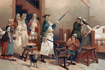 Hermann Leyde Boerhaave (1688-1738), médico holandés con sus estudiantes frente a las mujeres histéricas del Hospital de Leyde. Después de “La Ciencia y sus Hombres” por Louis Figuier. Barcelona 1881 de Unknown artist