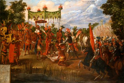 Hernán Cortés se reúne con el emperador Moctezuma de Unknown artist