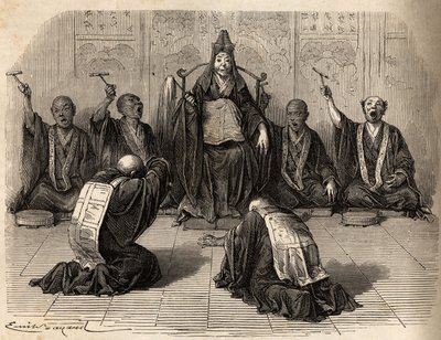 Sumo sacerdote budista siendo adorado, rodeado por sus discípulos ritmando el ritual con gong y platillos. Grabado para ilustrar el viaje a Japón en 1863-1864, por Aime Humbert, ministro de la Confederación Suiza, en 