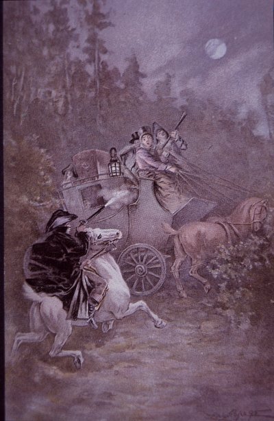 Bandolero asalta una diligencia a principios del siglo XIX (litografía a color) de Unknown artist