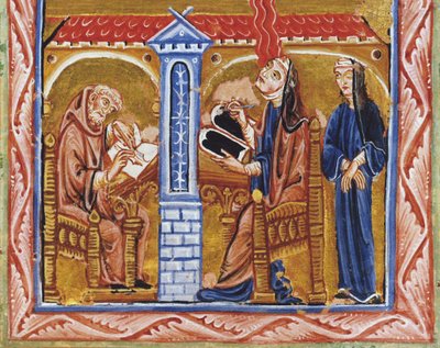 Hildegard de Bingen recibe una visión en presencia de su secretario Volmar y su confidente Richardis de Unknown artist