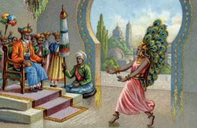 Bailarina hindú adornada con plumas de pavo real: los habitantes se adornan con plumas de pavo real o hacen abanicos. Cromolitografía del siglo XIX de Unknown artist
